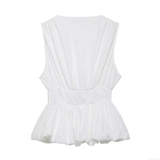 Women's Elegant Peplum Tank Top 100% Polyester Crinkle Fabric V-Neck Sleeveless With Black Bow Knot Waist Slim Fit Socialite Style Summer Top