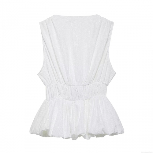 Women's Elegant Peplum Tank Top 100% Polyester Crinkle Fabric V-Neck Sleeveless With Black Bow Knot Waist Slim Fit Socialite Style Summer Top