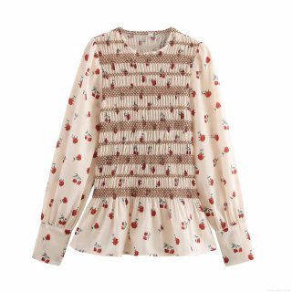 Women's Floral Print Smocked Blouse Polyester Long Sleeve Round Neck Ruffle Hem Top Vintage Casual Streetwear Shirt For Women Spring Autumn