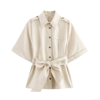 Women's Casual Short Sleeve Polyester Shirt With Bow Belt Epaulette Decoration Solid Color Single Breasted Fashion Blouse Top For Daily Commute Office Lady Retro Style