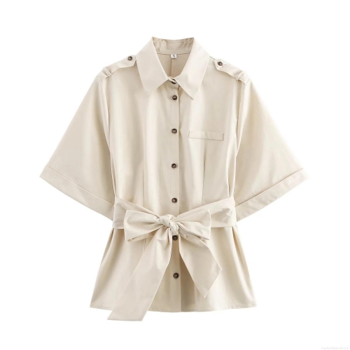 Women's Casual Short Sleeve Polyester Shirt With Bow Belt Epaulette Decoration Solid Color Single Breasted Fashion Blouse Top For Daily Commute Office Lady Retro Style