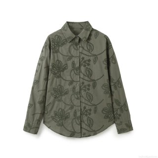 Women's Olive Green Embroidery Hollow Out Long Sleeve Shirt Blouse 85% Cotton 15% Polyester Lapel Single Breasted Casual Vintage Elegant Tops
