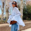 Women's French Elegant Ruffle Chiffon Blouse Mock Neck Layered Long Sleeve Flare Sleeve Solid Color Casual Fashion Shirt Top