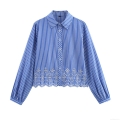Women's Cotton Blend Striped Long Sleeve Shirt With Embroidery Hollow Out Eyelet Hem Casual Button Down Blouse Top For Summer Spring