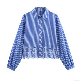 Women's Cotton Blend Striped Long Sleeve Shirt With Embroidery Hollow Out Eyelet Hem Casual Button Down Blouse Top For Summer Spring