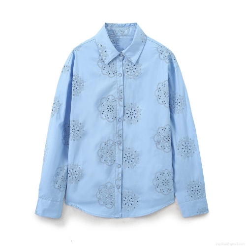 Women's Elegant Light Blue Long Sleeve Shirt With Hollow Out Flower Eyelet Embroidery Cotton Blend Button Down Blouse For Spring Daily Wear
