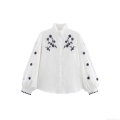 Women's Elegant Floral Embroidery Blouse Ruffle Stand Collar Long Sleeve Button Down White Polyester Shirt For Office Daily Date Ladies Casual Top