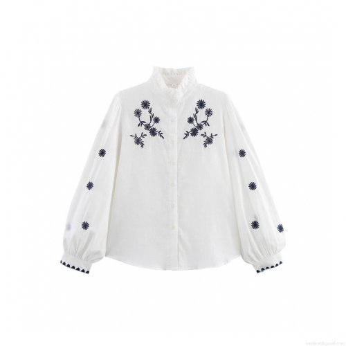 Women's Elegant Floral Embroidery Blouse Ruffle Stand Collar Long Sleeve Button Down White Polyester Shirt For Office Daily Date Ladies Casual Top