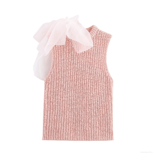 Women's Sleeveless Knit Top With Oversized Organza Bow Accent Crew Neck Slim Fit Ribbed Tank Top Elegant Chic Summer Knitwear Lotus Pink