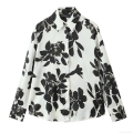 Women's Floral Print Long Sleeve Button Down Shirt Satin Texture Elegant Lapel Blouse White Base Black Flower Pattern Chic Casual Top