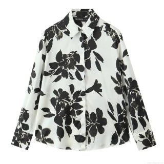 Women's Floral Print Long Sleeve Button Down Shirt Satin Texture Elegant Lapel Blouse White Base Black Flower Pattern Chic Casual Top