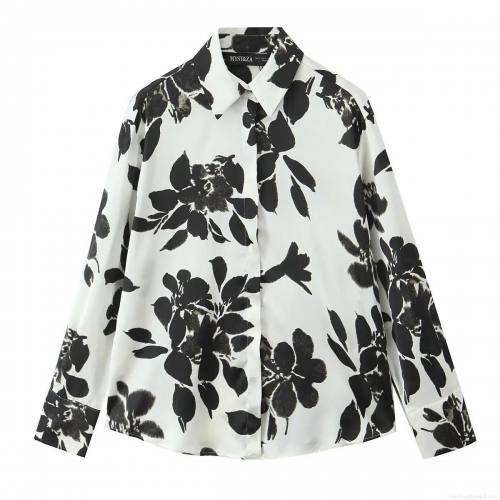 Women's Floral Print Long Sleeve Button Down Shirt Satin Texture Elegant Lapel Blouse White Base Black Flower Pattern Chic Casual Top