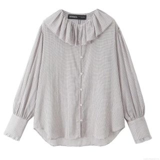 Women's Casual Plaid Long Sleeve Shirt With Ruffle Peter Pan Collar French Style Button Down Lantern Sleeve Blouse Top For Daily Wear