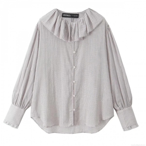 Women's Casual Plaid Long Sleeve Shirt With Ruffle Peter Pan Collar French Style Button Down Lantern Sleeve Blouse Top For Daily Wear