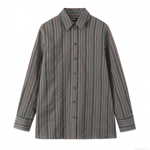 Women's Casual Polyester Striped Long Sleeve Button Down Shirt Blouse Office Daily Workwear Sophisticated Style Tops