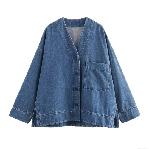 Women's V-Neck Cotton Denim Shirt Washed Long Sleeve Drop Shoulder Top With Large Pocket Casual Single Breasted Blouse For Lady