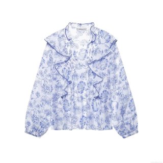 Women's Vintage Blue Floral Print Ruffle Long Sleeve Shirt Elegant V-Neck Button Down Blouse Casual Lightweight Spring Tops