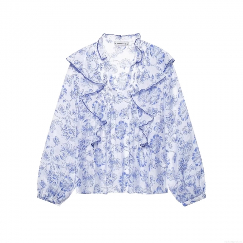 Women's Vintage Blue Floral Print Ruffle Long Sleeve Shirt Elegant V-Neck Button Down Blouse Casual Lightweight Spring Tops