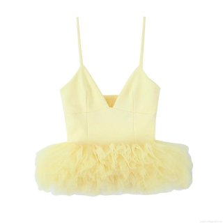 Women's Sexy Sweet Lemon Yellow Mesh Puffy Hem Camisole Top Ruffled Tulle Adjustable Straps Slim Fit Corset Top For Party Clubwear Socialite Style