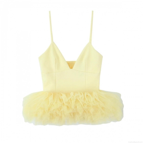 Women's Sexy Sweet Lemon Yellow Mesh Puffy Hem Camisole Top Ruffled Tulle Adjustable Straps Slim Fit Corset Top For Party Clubwear Socialite Style