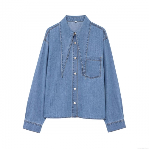 Women's Casual Denim Shirt With Bow Tie Collar Long Sleeve Button Down Blouse Top With Chest Pocket Retro Pointed Collar Jean Shirts