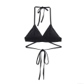 Women Sexy Crochet Knitted Halter Neck Bikini Top Hand-woven Triangle Cup Sleeveless Backless Crop Top For Summer Beach Party Black