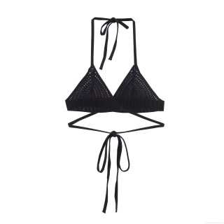 Women Sexy Crochet Knitted Halter Neck Bikini Top Hand-woven Triangle Cup Sleeveless Backless Crop Top For Summer Beach Party Black