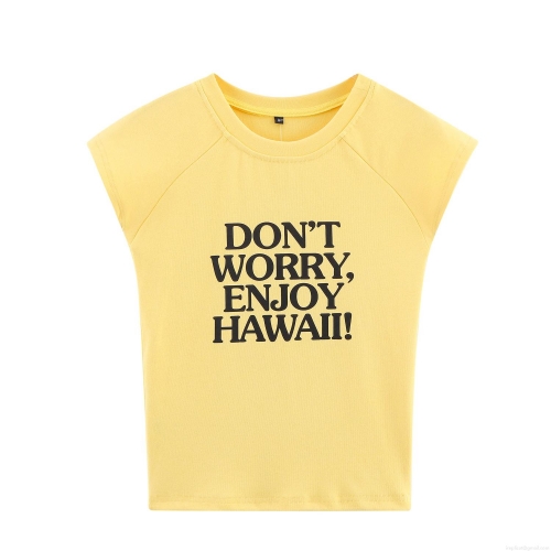 Women's Summer T-Shirt Casual Cotton Blend Knitted Round Neck Sleeveless Don't Worry Enjoy Hawaii Letter Print Crop Top Streetwear Women Vest