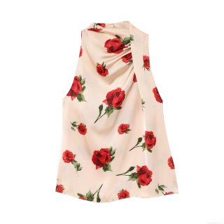 Women's Halter Neck Satin Sleeveless Blouse Elegant Red Rose Floral Print Backless Slim Fit Socialite Style Party Shirt Top for Women Lady