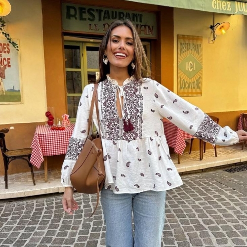 Women's Bohemian Paisley Print Blouse 100% Polyester V-Neck Ruffle Tie Tassel Long Sleeve Casual Shirt Top For Vacation Travel Streetwear