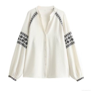 Women's Ethnic Geometric Embroidered Blouse 100% Polyester Lantern Long Sleeve V-Neck Button Up Shirt Boho Style Cream White Tops for Ladies