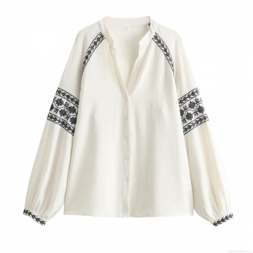 Women's Ethnic Geometric Embroidered Blouse 100% Polyester Lantern Long Sleeve V-Neck Button Up Shirt Boho Style Cream White Tops for Ladies