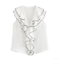 Women's Ruffled Sleeveless Blouse 100% Polyester Comfortable Casual Solid Top With Contrast Piping For Office Daily Streetwear Ladies