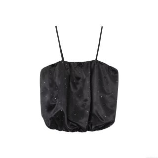 French Elegant Women's Black Rhinestone Balloon Hem Camisole Top Bridal Satin Spaghetti Strap Sexy Crop Tank Top For Party Date
