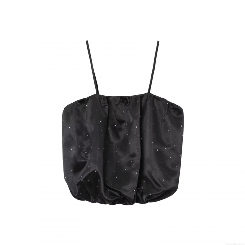 French Elegant Women's Black Rhinestone Balloon Hem Camisole Top Bridal Satin Spaghetti Strap Sexy Crop Tank Top For Party Date