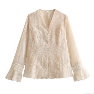 Women's V-Neck Flare Sleeve Blouse Solid Color Elegant Pleated Texture Single Breasted Long Sleeve Casual Retro Shirts For Ladies Spring Summer Daily Dating Tops