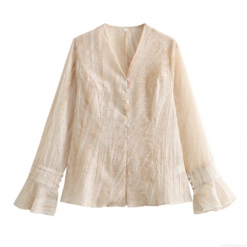 Women's V-Neck Flare Sleeve Blouse Solid Color Elegant Pleated Texture Single Breasted Long Sleeve Casual Retro Shirts For Ladies Spring Summer Daily Dating Tops