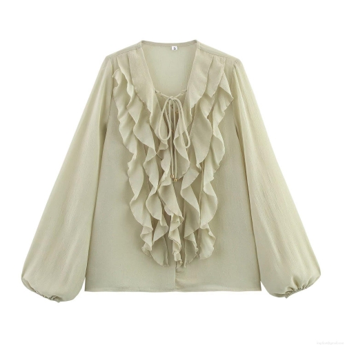 Women's Elegant Tiered Ruffle Sheer Chiffon Blouse Sexy V-Neck Lace Up Lantern Sleeve Pleated Solid Color Top for Party Dating