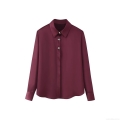 Women's Elegant Silk Satin Texture Long Sleeve Shirt Solid Burgundy Button Down Blouse Office Work Tops With Irregular Gold Metal Buttons