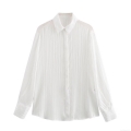 Women's Elegant White Vertical Stripe Shirt With Metallic Silver Thread Long Sleeve Button Down Lapel Blouse Office Commute Lightweight Chic Top For Women