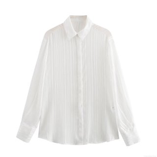 Women's Elegant White Vertical Stripe Shirt With Metallic Silver Thread Long Sleeve Button Down Lapel Blouse Office Commute Lightweight Chic Top For Women