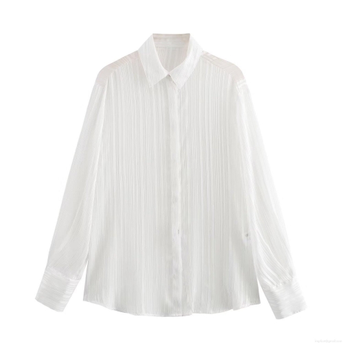 Women's Elegant White Vertical Stripe Shirt With Metallic Silver Thread Long Sleeve Button Down Lapel Blouse Office Commute Lightweight Chic Top For Women