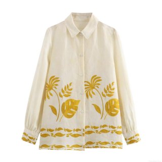 Women's Tropical Leaf Print Long Sleeve Shirt Elegant Button Down Blouse Cream Off White Polyester Linen Look Tops for Work Casual Vacation Socialite Style