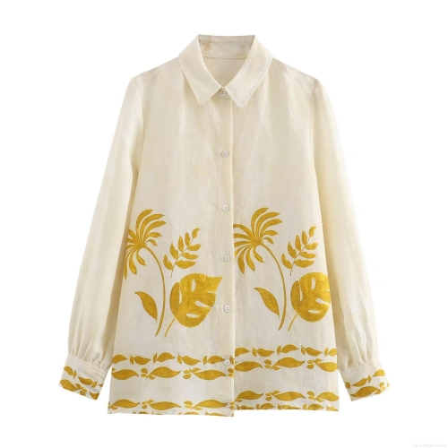 Women's Tropical Leaf Print Long Sleeve Shirt Elegant Button Down Blouse Cream Off White Polyester Linen Look Tops for Work Casual Vacation Socialite Style