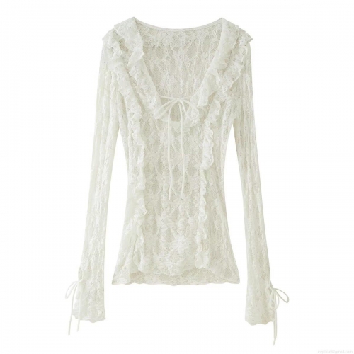 Women's Elegant White Lace Blouse Long Sleeve V-Neck Layered Ruffle Tie-Up Bow Fashion Top For Dating Party Sweet Sheer Mesh Polyester Shirt