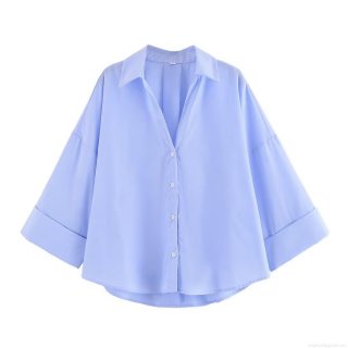 Women's Casual Oversized Cotton Blend Long Sleeve Shirt Lapel Single Breasted Loose Blouse Top For Daily Office Streetwear