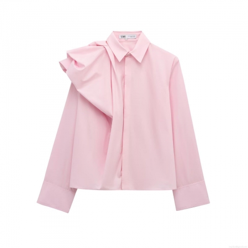 Women's Elegant Puff Long Sleeve Poplin Shirt Solid Color Ruffle Shoulder Button Down Blouse Polyester Cotton Blend Casual Fashion Tops