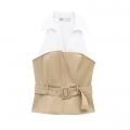 Women Modern Spliced Halter Neck Top White Shirt Collar Khaki Fake Two-Piece Short Blouse With Belt For Summer Commuter Office Daily Fashion