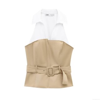 Women Modern Spliced Halter Neck Top White Shirt Collar Khaki Fake Two-Piece Short Blouse With Belt For Summer Commuter Office Daily Fashion