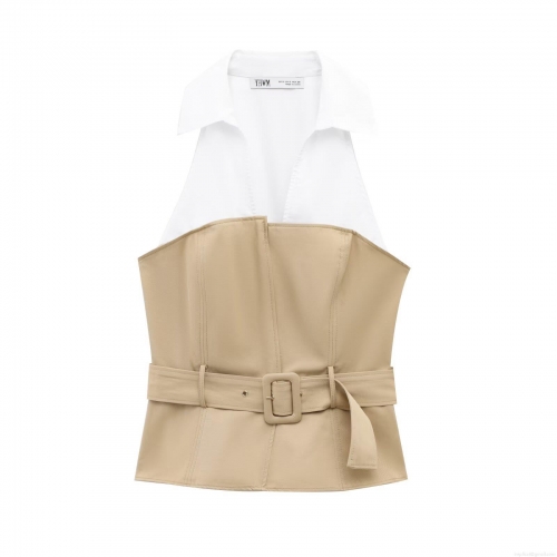 Women Modern Spliced Halter Neck Top White Shirt Collar Khaki Fake Two-Piece Short Blouse With Belt For Summer Commuter Office Daily Fashion